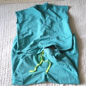 FIGS Teal Scrub Set with Neon Yellow Drawstring